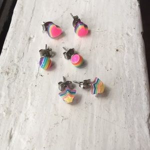 Claire’s 3pk Colorful Stripes Earrings Colorblock Jewelry for Girls, heart, star